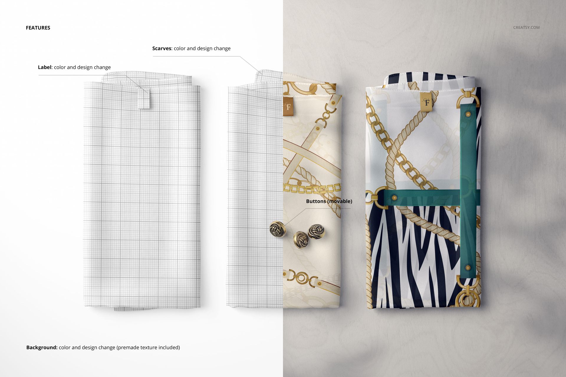 Fashion accessories mockup showing three neatly folded silk scarves, highlighting customizable fabric designs.