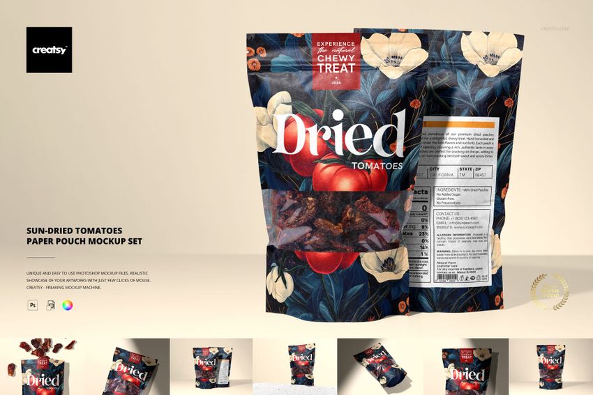 Mockup of sun-dried tomatoes paper pouches with bold floral design, shown upright with product visible inside.