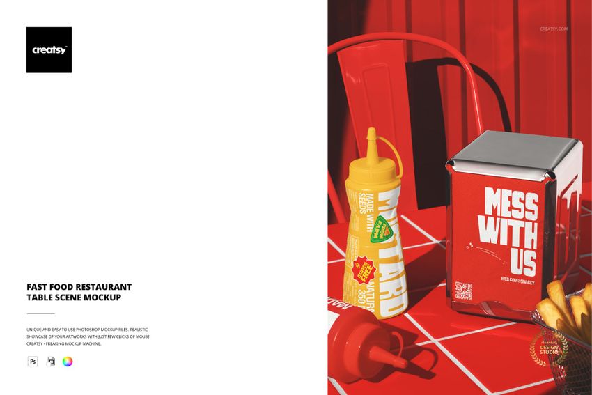 PSD mockup showing a fast food restaurant table with bold red colors, condiment bottles, and a square packaging container.