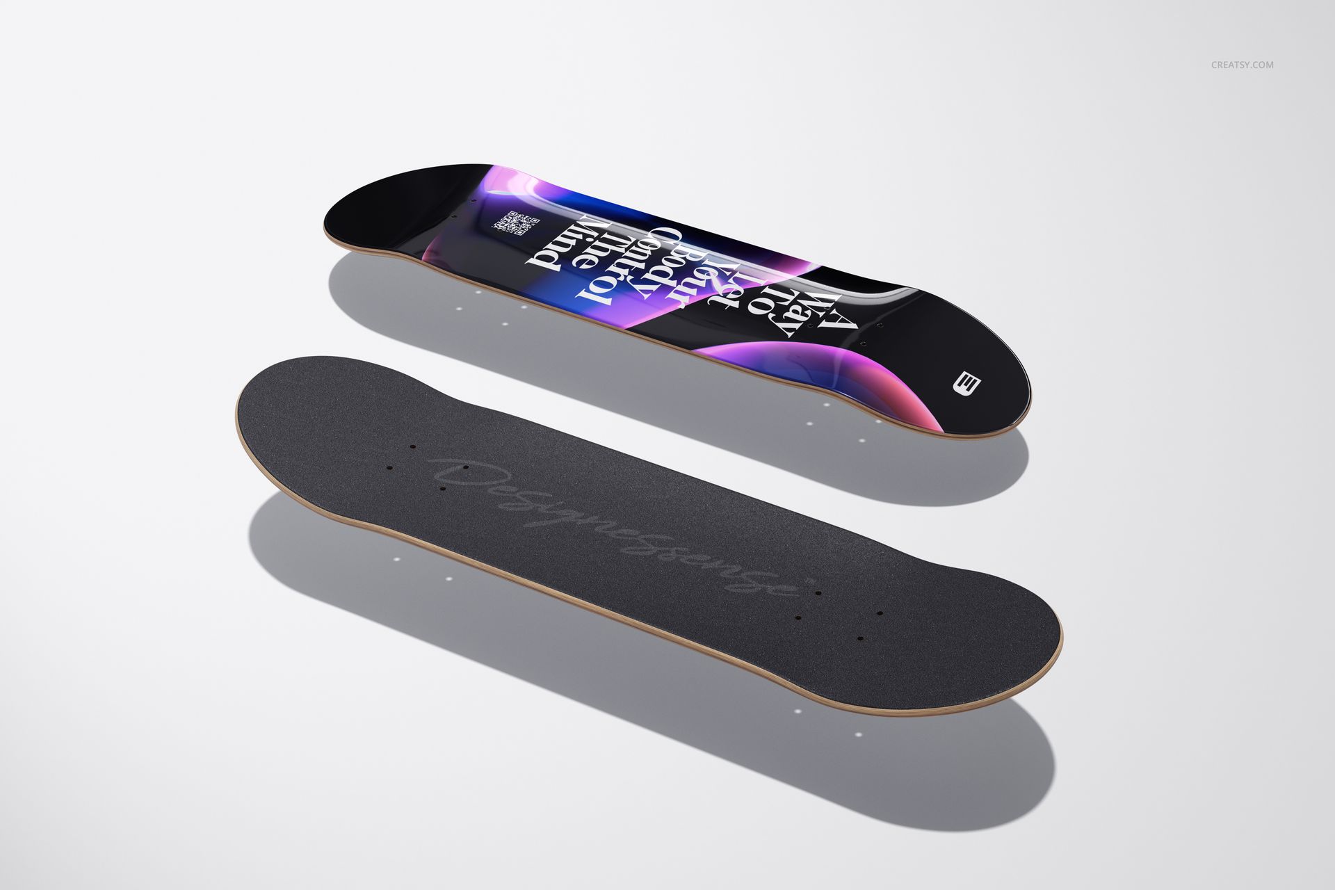 Mockup of clear epoxy resin coated skateboard decks, featuring a vibrant pattern and a matte black grip side.