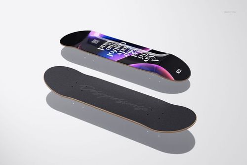 Mockup of clear epoxy resin coated skateboard decks, featuring a vibrant pattern and a matte black grip side.