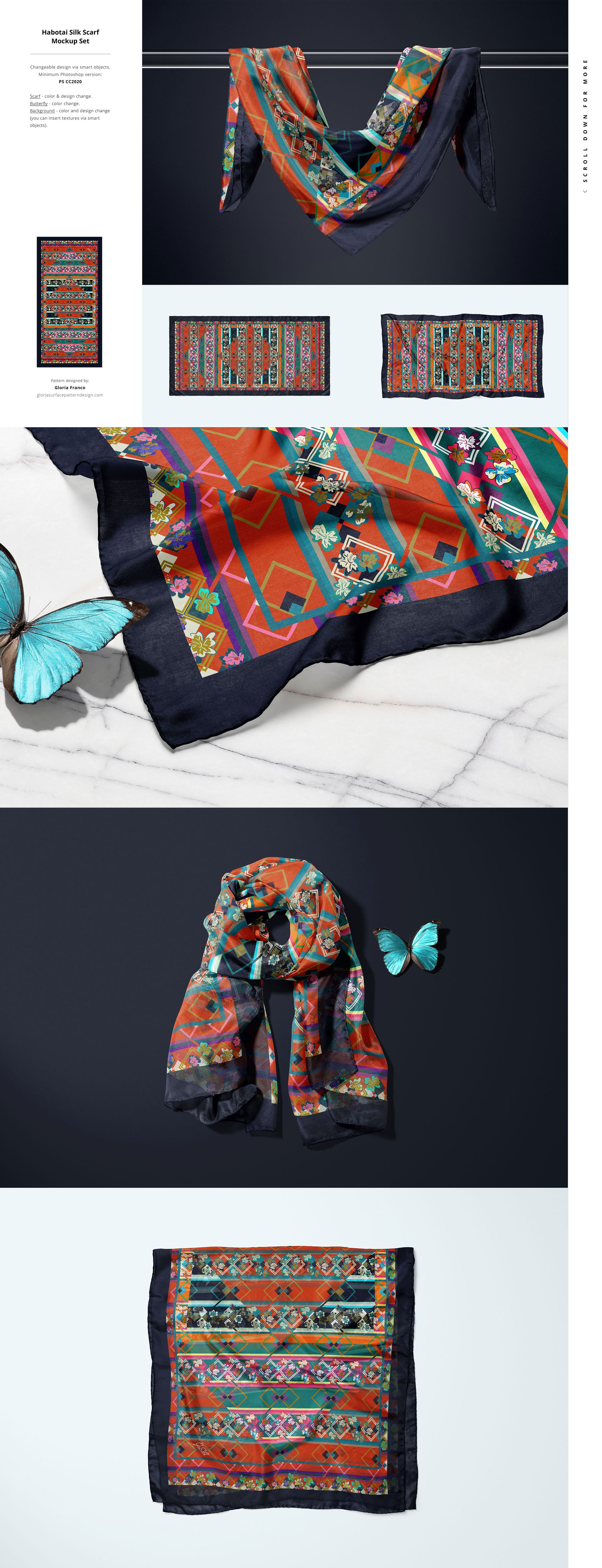 Colorful habotai silk scarf with geometric and floral patterns, shown in various mockup scenes including draped and flat views.