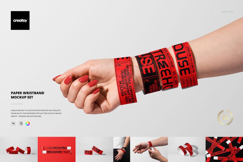 PSD mockup displaying a hand with stacked red paper wristbands, each printed with various black text and patterns.