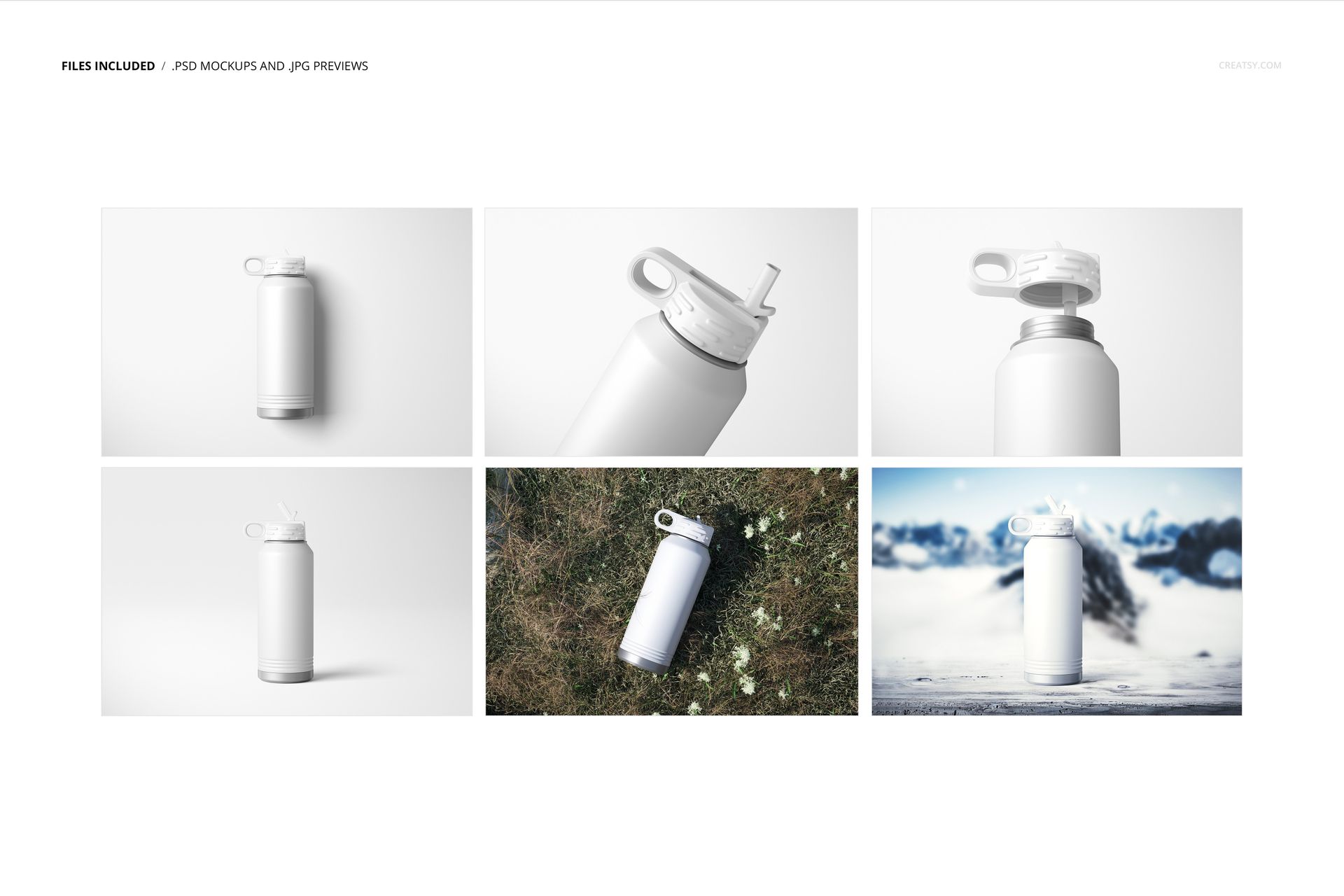 Six views of a powder coated 32 oz. water bottle mockup, featuring white bottles on plain and natural backgrounds.