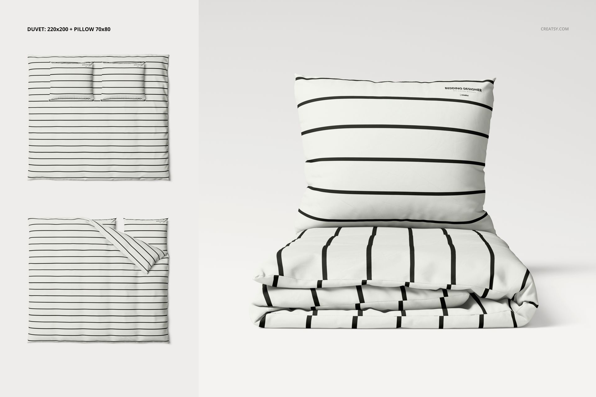 Bedding set mockup featuring a duvet and pillow with black horizontal stripes on a white background, front view.