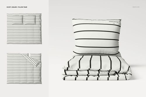 Bedding set mockup featuring a duvet and pillow with black horizontal stripes on a white background, front view.