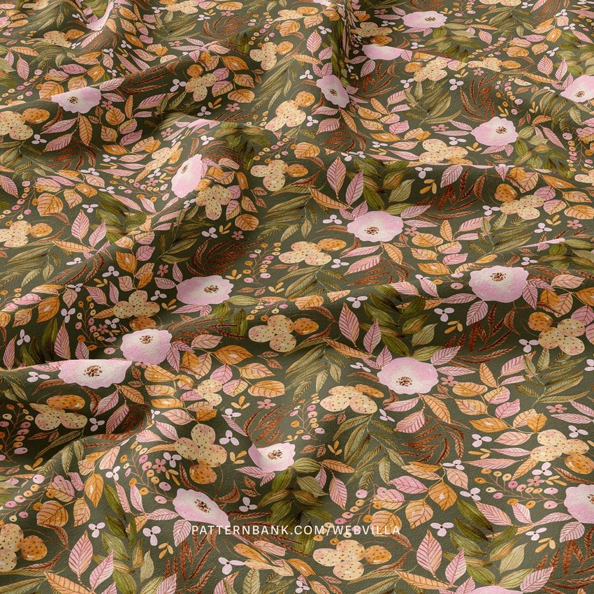 Double brushed polyester fabric mockup featuring a draped cloth with a floral pattern in green, pink, and beige tones.