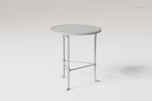 Round metal accent table with mirrored top, shown from a front angle on a plain light background.