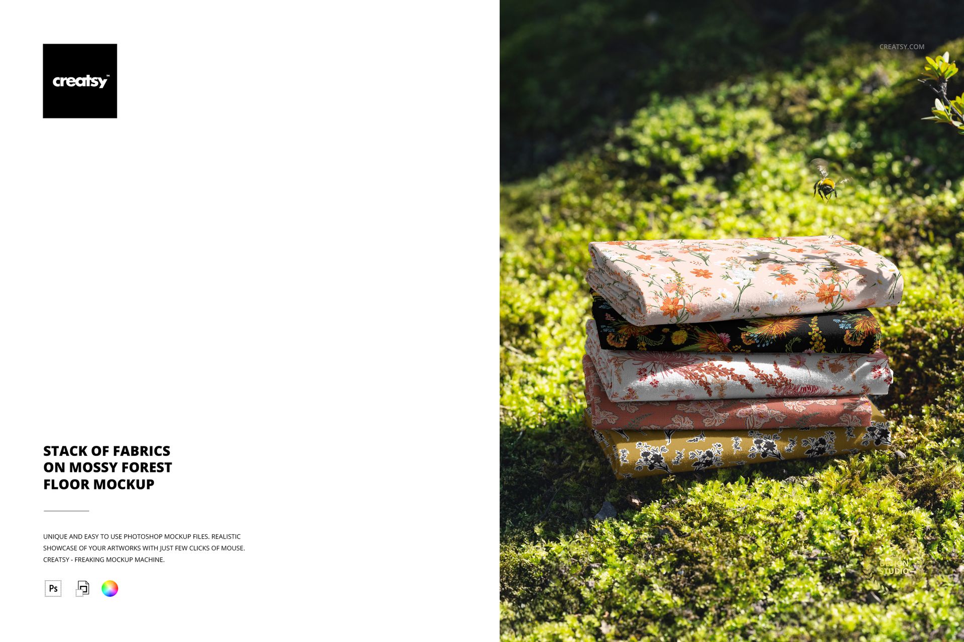 PSD mockup featuring a pile of colorful fabric pieces with nature-inspired patterns on a moss-covered ground.