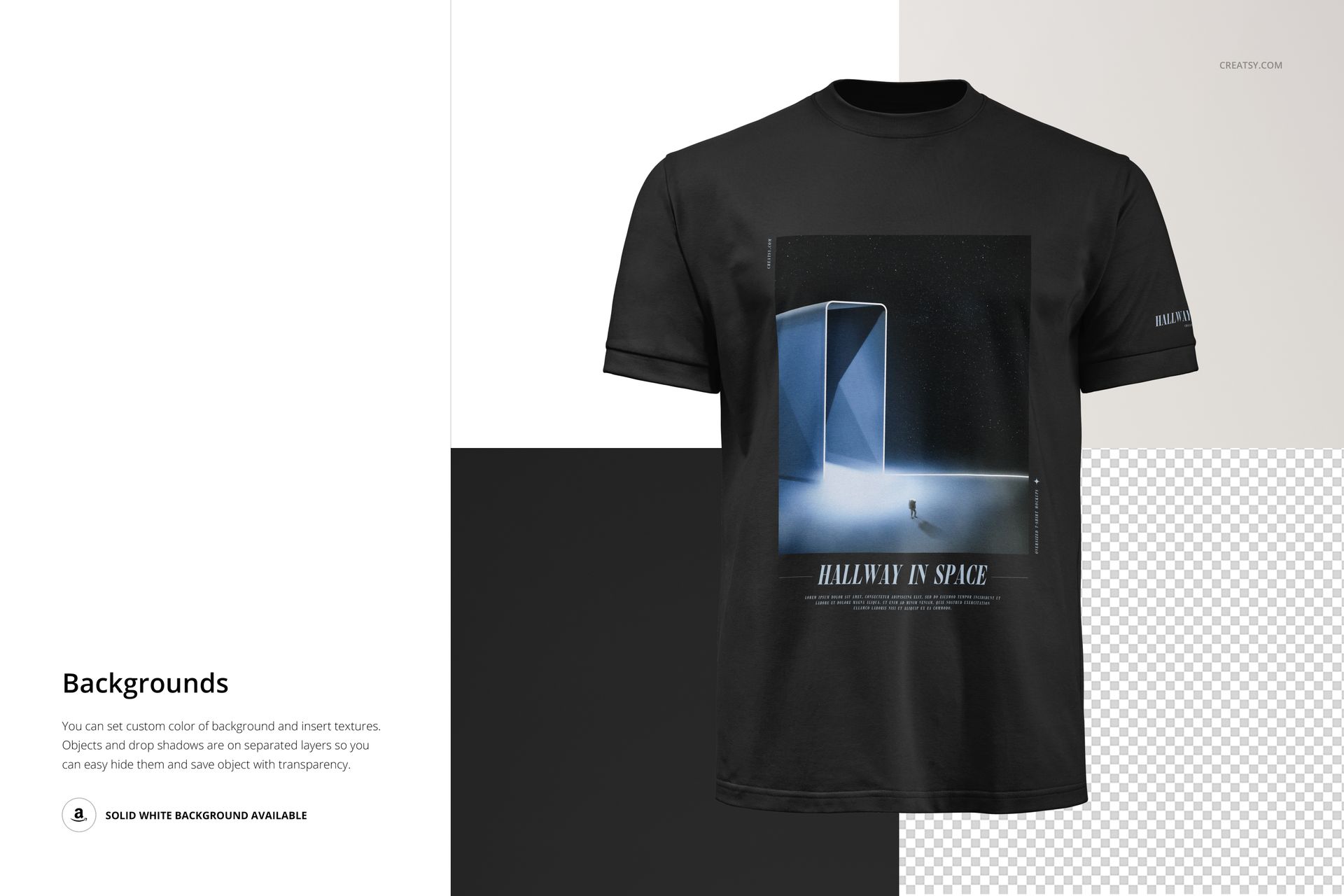 Front view of a black oversized t-shirt mockup featuring a futuristic space illustration, set against a white backdrop.