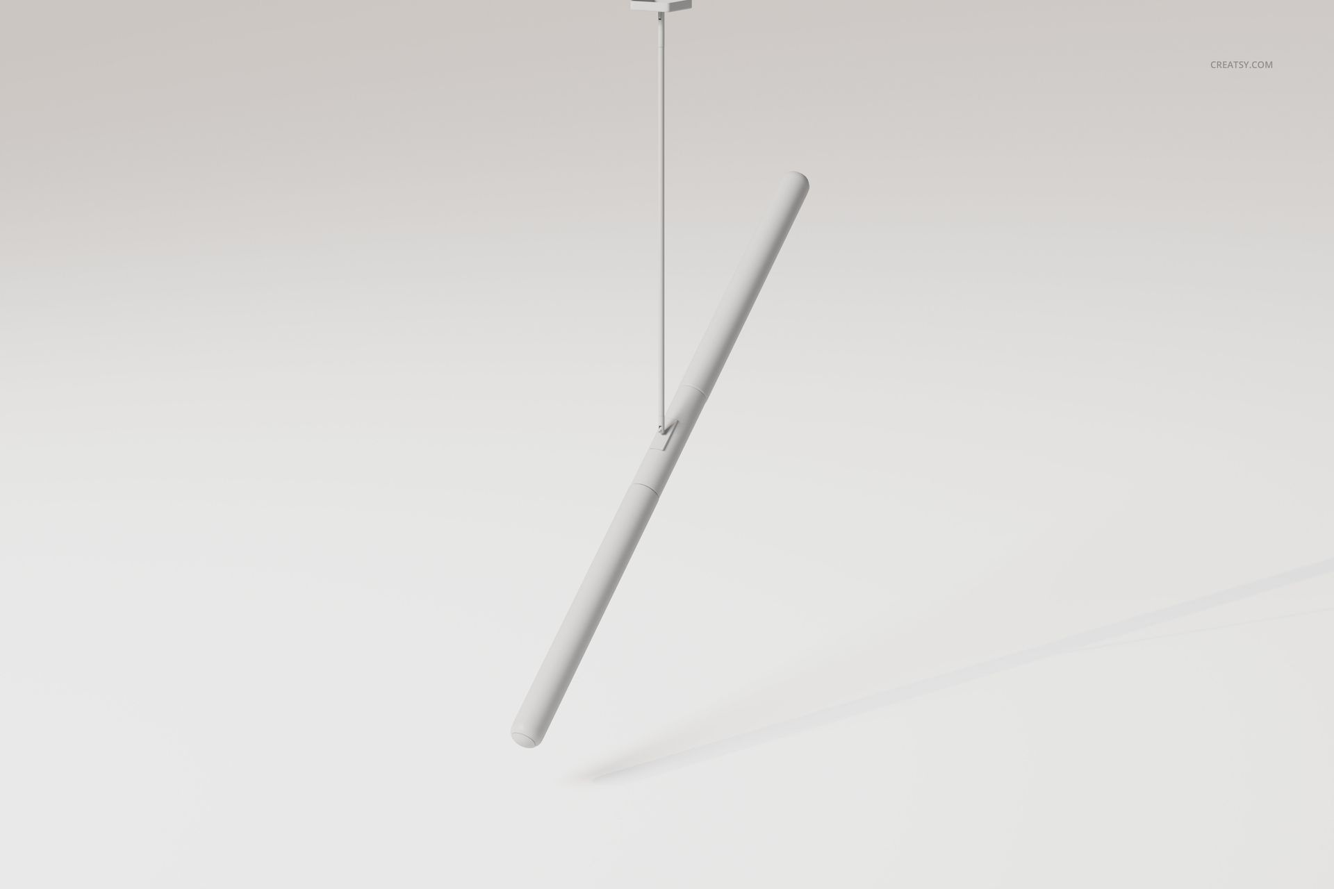 Minimalist industrial tube pendant lamp in matte white, shown suspended from a thin cable against a light background.