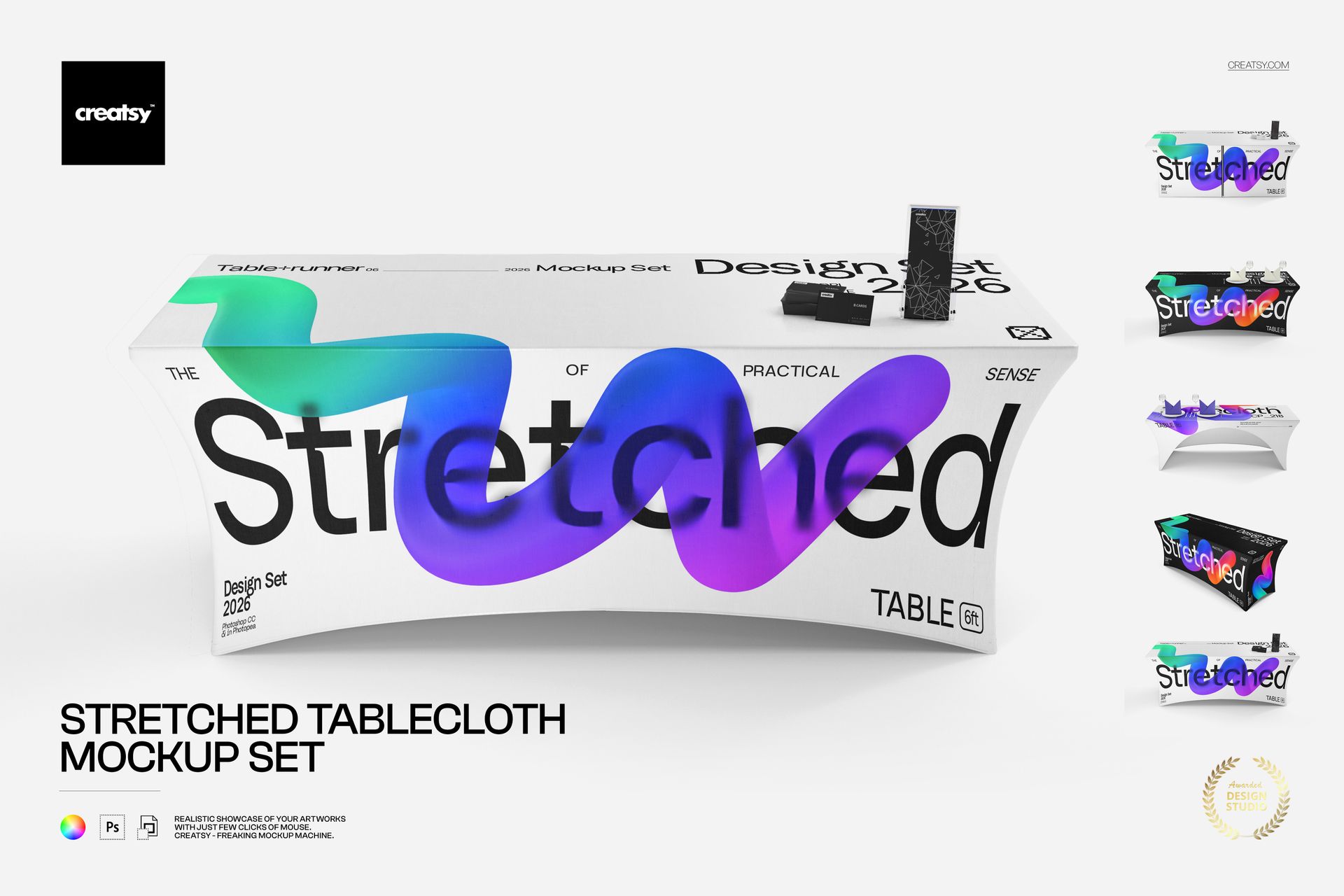 Stretched tablecloth mockup featuring a white cloth with bold purple and blue abstract design, front view, event props.