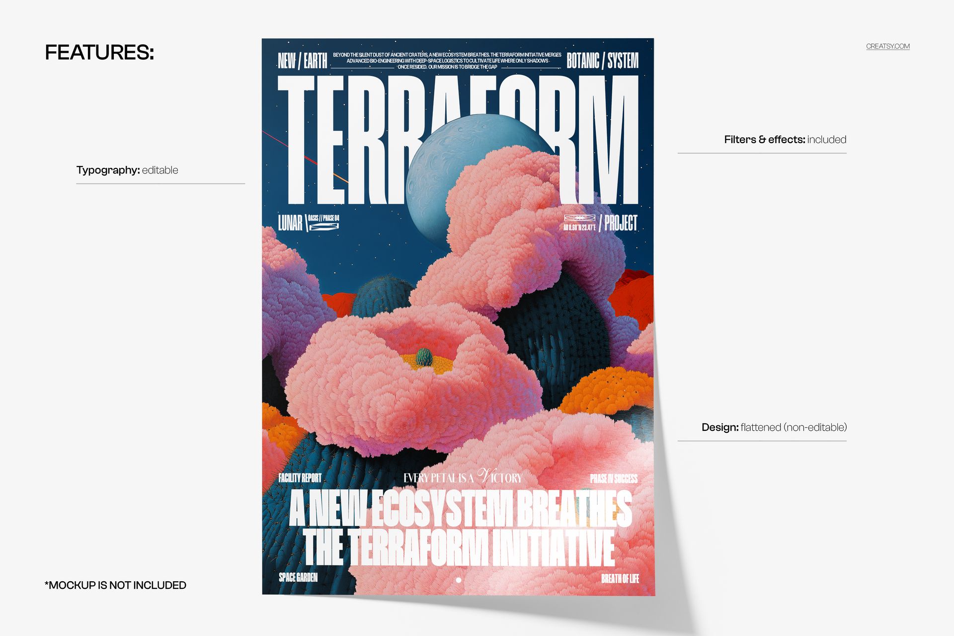 PSD mockup of a poster with space garden theme, abstract coral-like shapes, and prominent blue and white text elements.