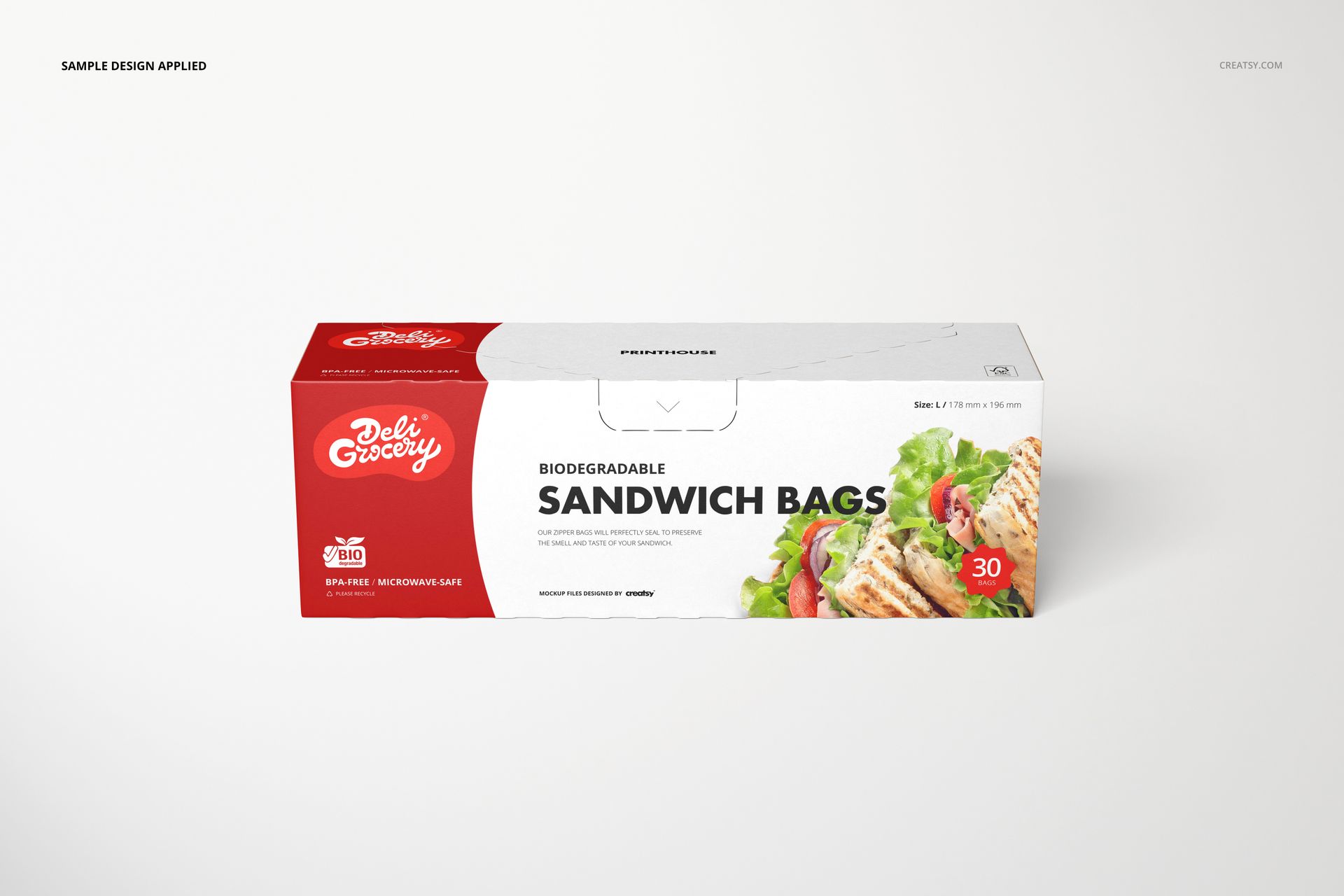 Front-facing sandwich bags packaging box mockup featuring bold red accents and clear product labeling.