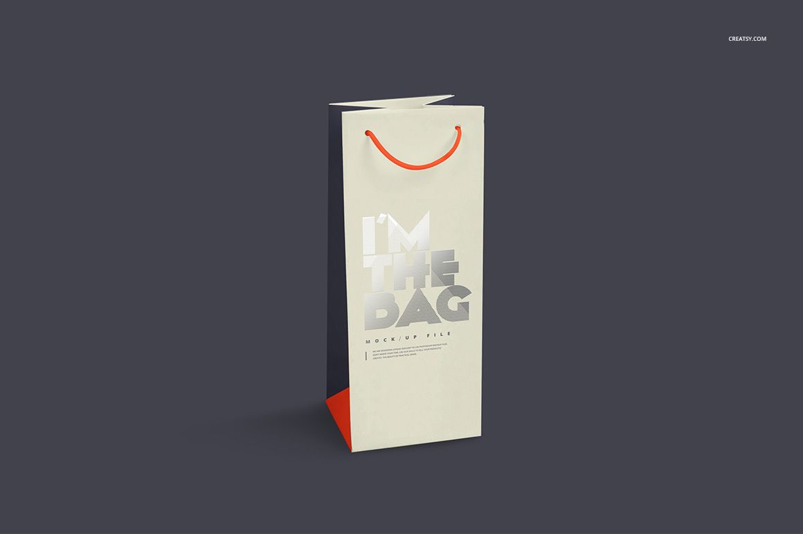 Front view of a vertical paper bag mockup featuring metallic lettering, red rope handles, and a dark backdrop.
