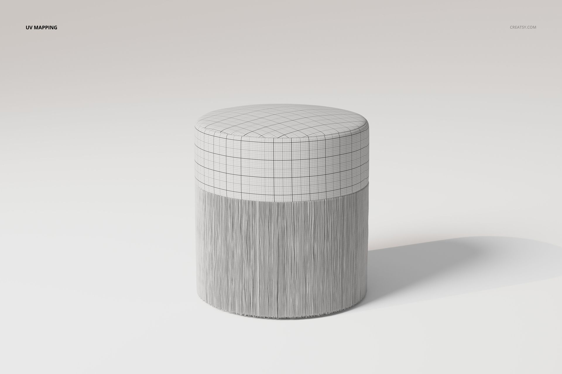 Round upholstered ottoman with fringe detail, shown in a neutral color on a plain background, front view.