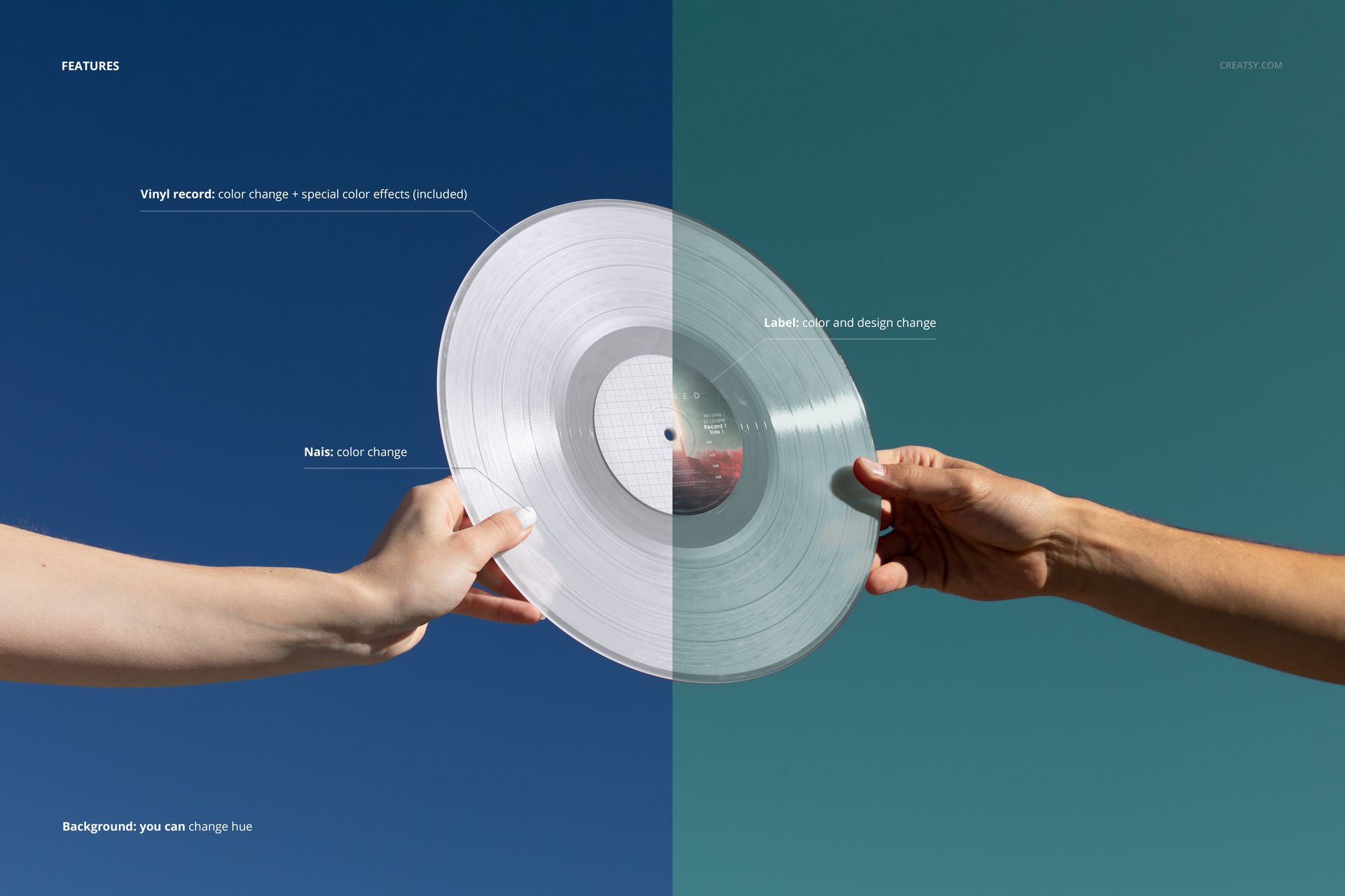 Two people holding a clear vinyl record in the center, with a divided blue and teal background, PSD mockup style.
