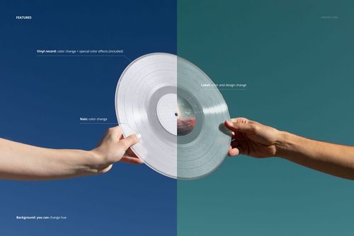 Two people holding a clear vinyl record in the center, with a divided blue and teal background, PSD mockup style.