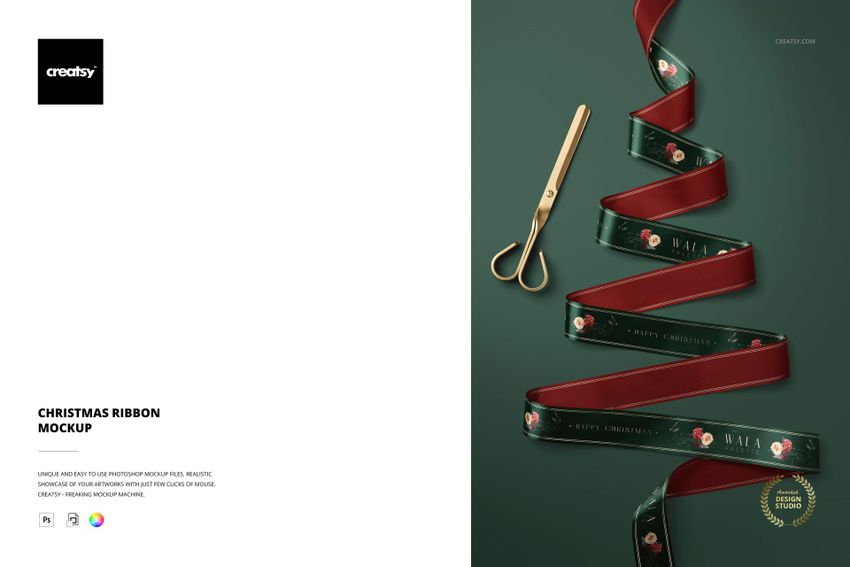 Front view of a Christmas ribbon mockup with a green velvet ribbon arranged in a tree shape and gold scissors on a dark green background.