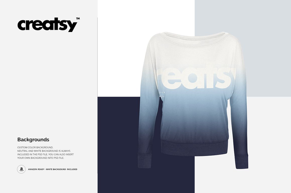 Women's flowy long sleeve off shoulder tee mockup with a blue gradient design, front view on a split neutral background.