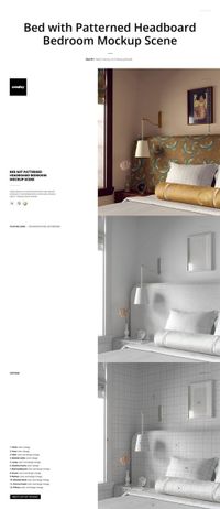 Mockup of a bedroom with a bed, gold-patterned headboard, pillows, and a side table lamp against a beige wall.