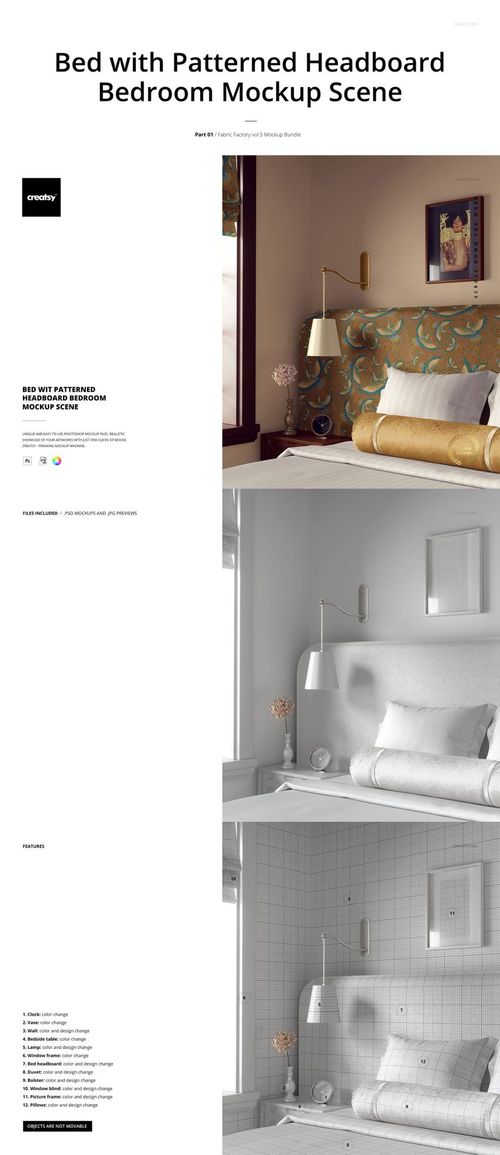 Mockup of a bedroom with a bed, gold-patterned headboard, pillows, and a side table lamp against a beige wall.