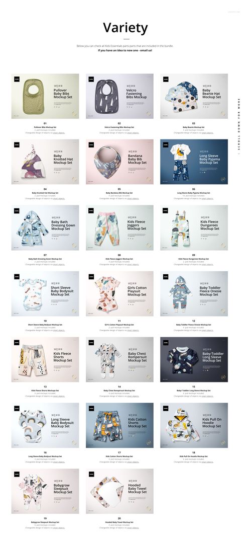 Collection of kids essentials mockup images featuring bibs, onesies, pajamas, and hats in various pastel backgrounds.
