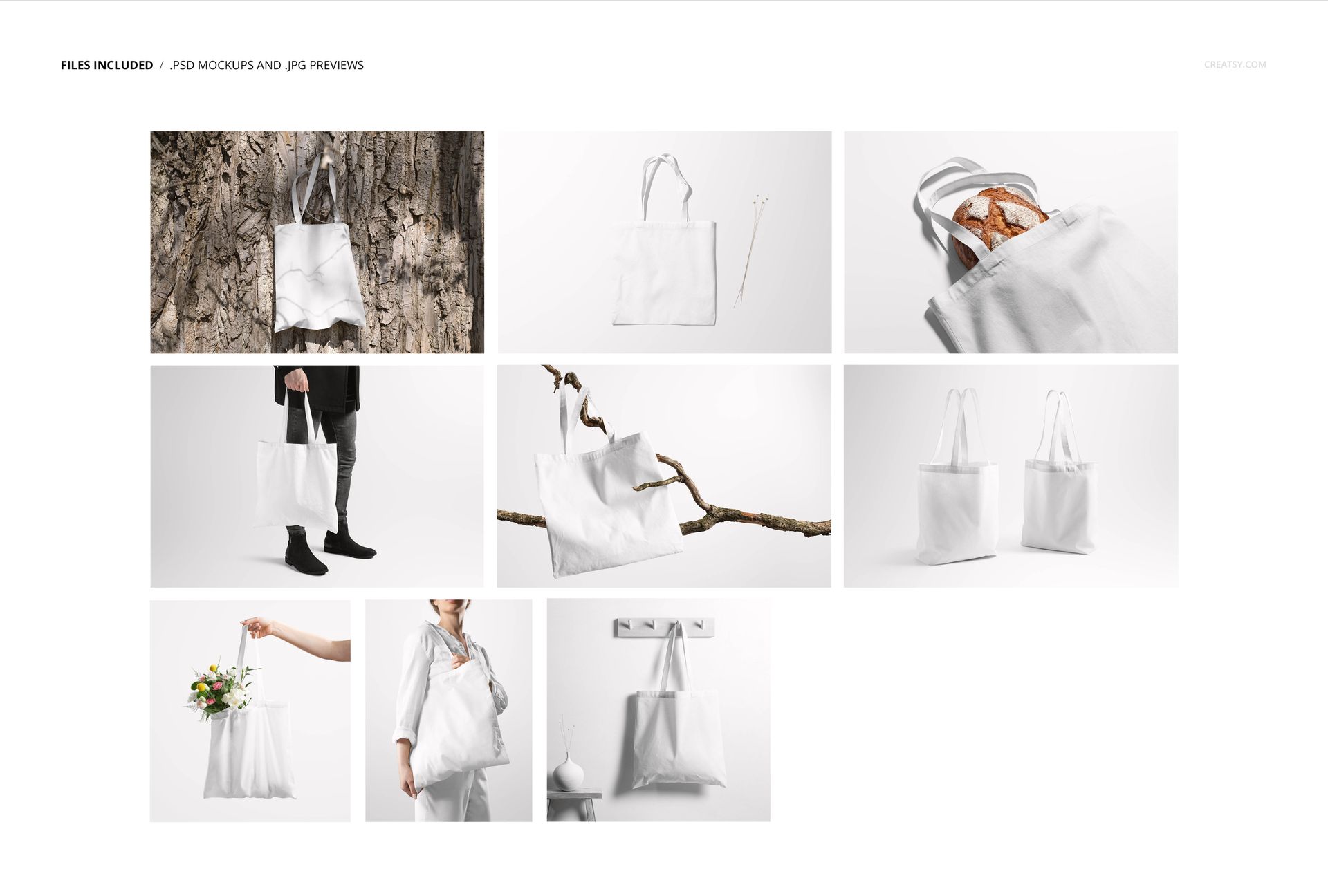 Collection of white tote bag PSD mockups shown from different angles, featuring close-ups and lifestyle arrangements.