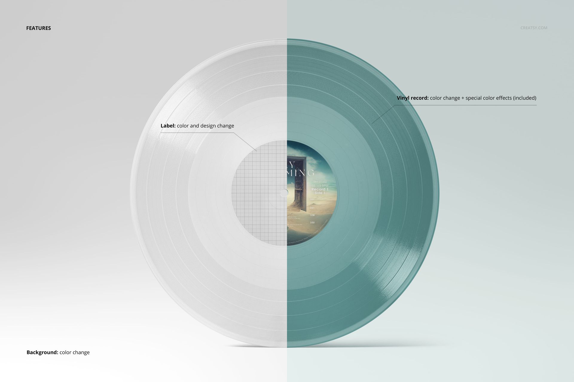 Standing colored vinyl record mockup split into two halves, one white and one teal, with customizable center labels.