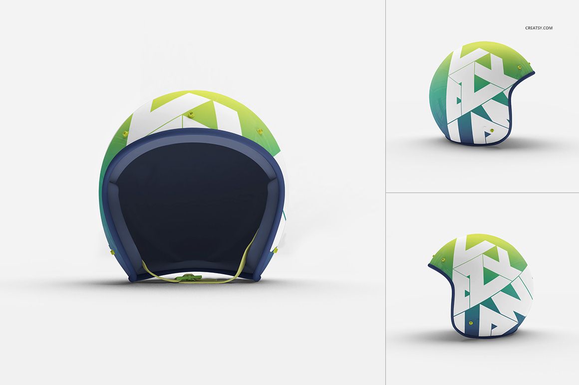 PSD mockup of an open face motorcycle helmet featuring bold angular shapes in green, yellow, and white on a plain background.