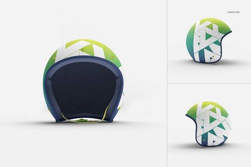 PSD mockup of an open face motorcycle helmet featuring bold angular shapes in green, yellow, and white on a plain background.
