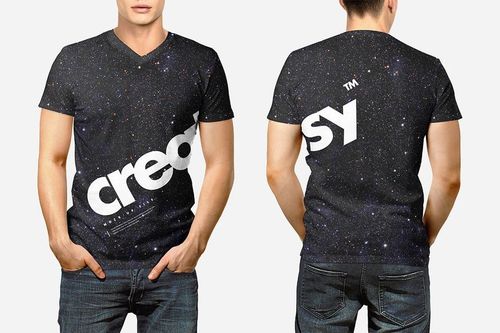 Front and back view of a men's t-shirt mockup with a galaxy pattern and bold white text, shown on models.