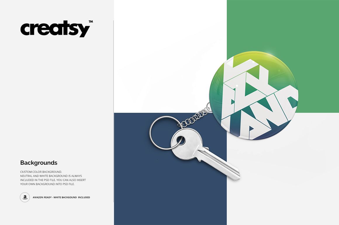 Round key chain mockup featuring a metallic key, set against a divided background of green, blue, and white sections.