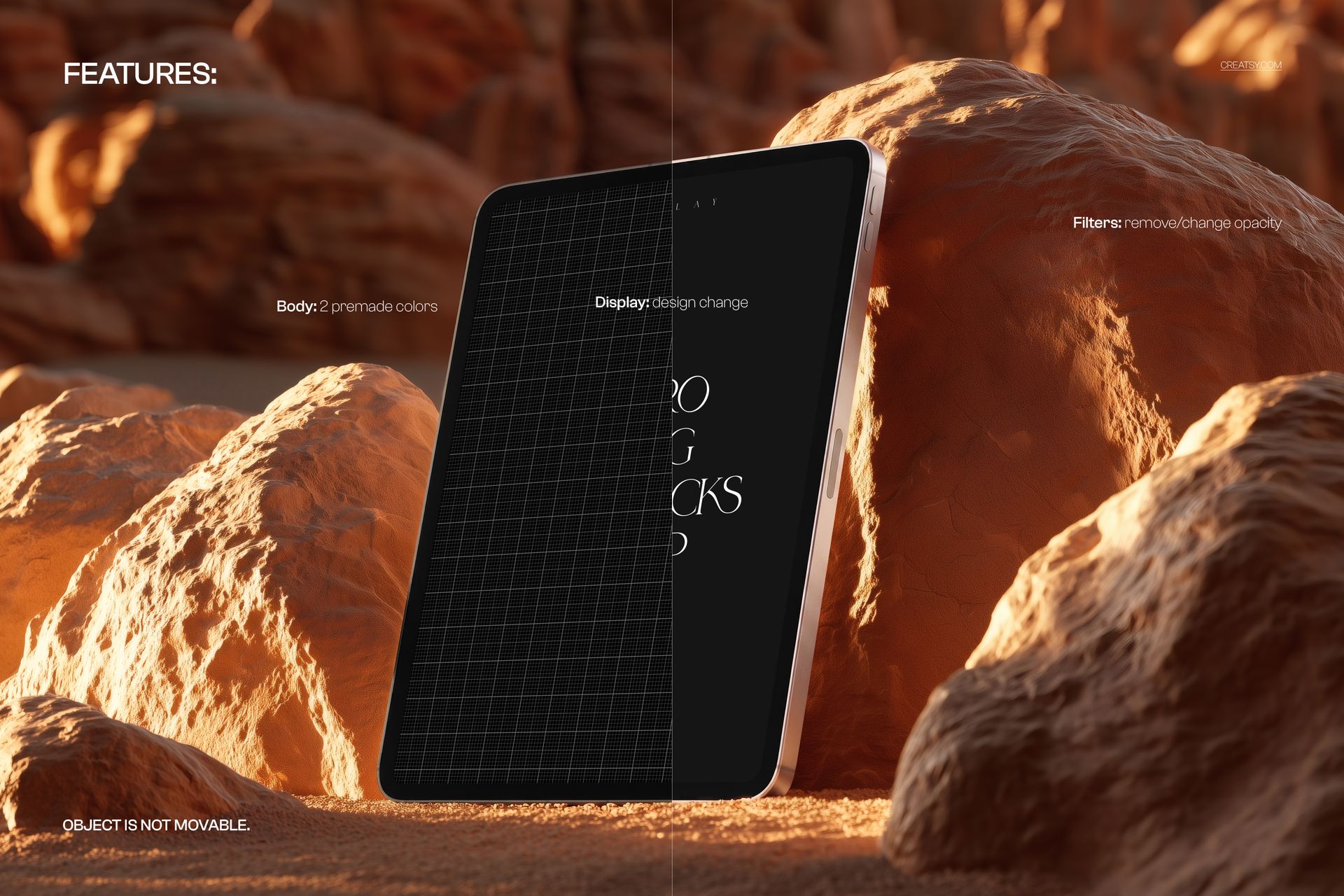 iPad Pro tablet standing upright among desert rocks, split screen showing grid mockup and real display, warm lighting.