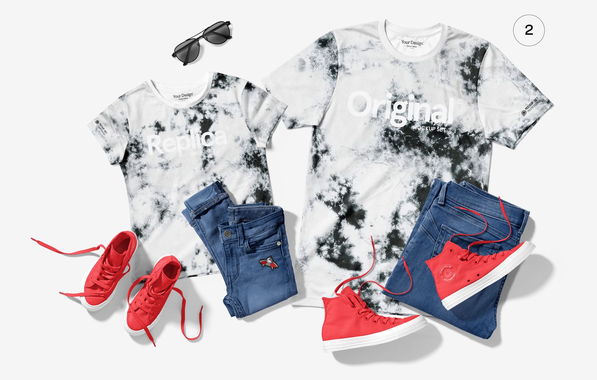 Bella Canvas 3001 mockup set showing two t-shirts, denim jeans, red shoes, and sunglasses from a top-down perspective.