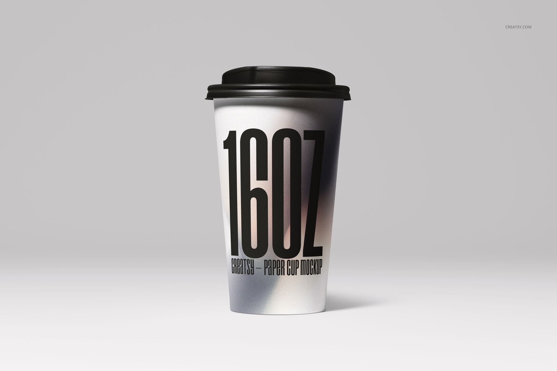 Single paper cup mockup displayed upright, showing large typography and a smooth gradient design against a light backdrop.