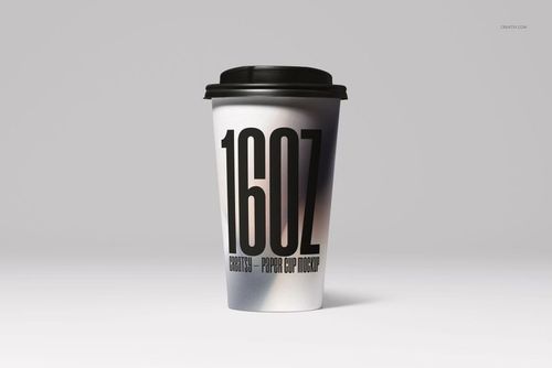 Single paper cup mockup displayed upright, showing large typography and a smooth gradient design against a light backdrop.