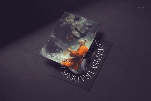PSD mockup of trading cards arranged in a layered composition, highlighting detailed graphics and typography.
