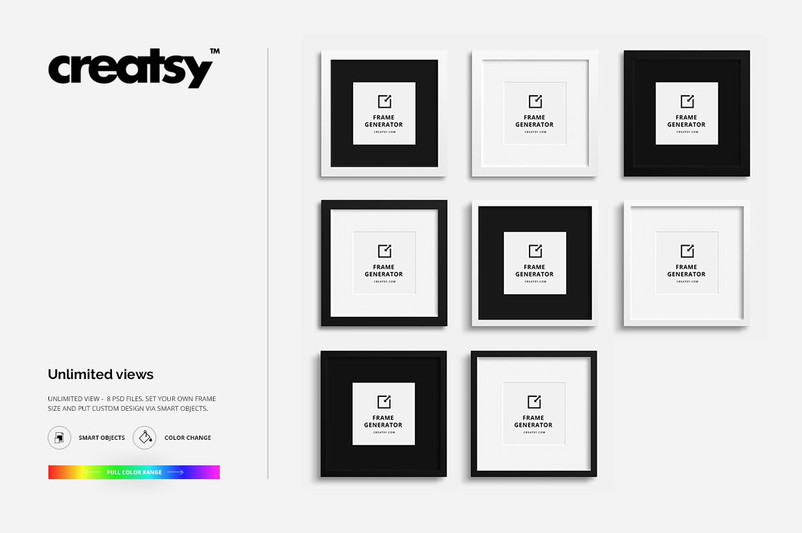 Mockup set featuring black and white square frames with varied thickness, arranged in two columns on a white surface.