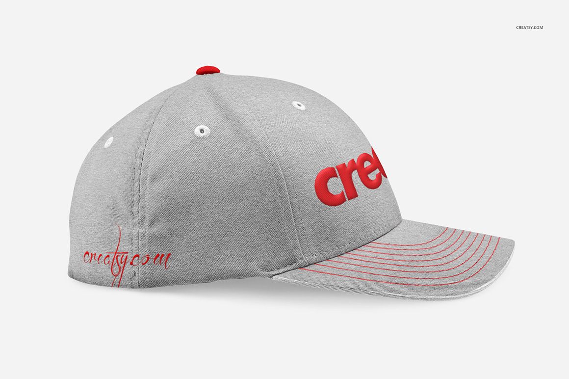 Fashion accessory fullcap mockup in gray melange fabric, featuring red details and a side perspective.