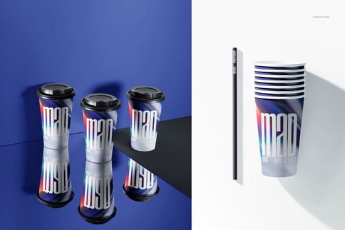 Paper cup mockup set featuring three cups with colorful abstract designs and black lids on a blue surface, front view.