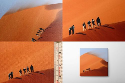 Canvas print mockup showing close-up and distant views of a desert scene with people walking on orange sand dunes.