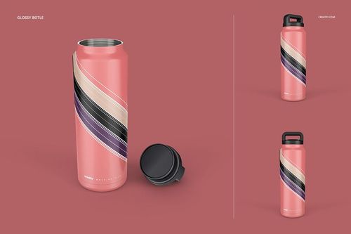 Stainless steel tumbler mockup set featuring a glossy bottle with a removable lid and diagonal stripe pattern.