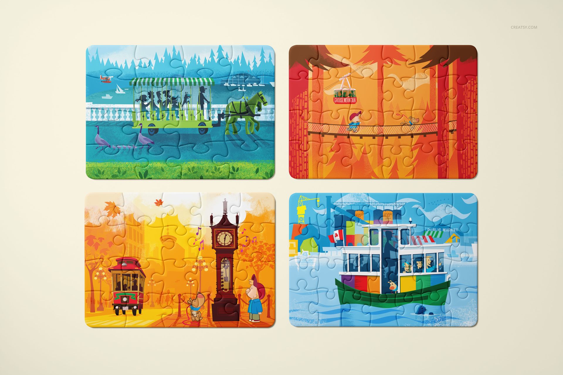 Four rectangular jigsaw puzzles with colorful illustrated scenes, displayed from a top view on a light background.