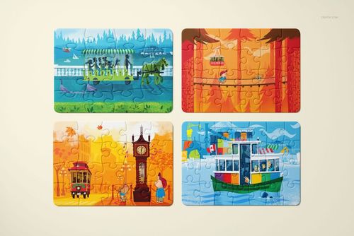 Four rectangular jigsaw puzzles with colorful illustrated scenes, displayed from a top view on a light background.