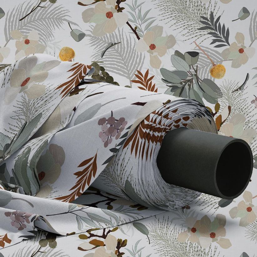 Fabric roll mockup featuring a botanical pattern with green, brown, and yellow leaves and flowers on a light background.