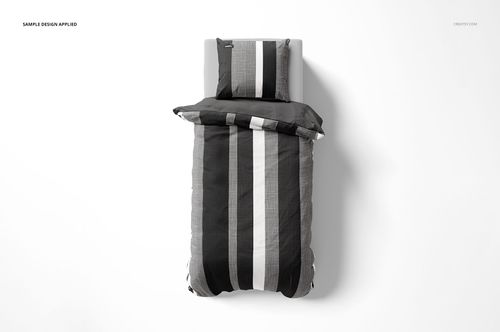 Top-down perspective of a single bed bedding mockup featuring bold vertical stripes in black, white, and gray tones.