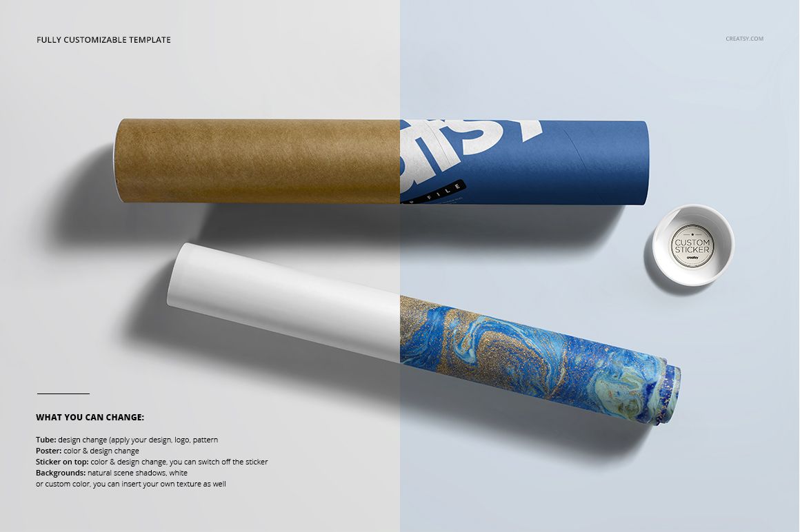 Mailing tube mockup set showing three tubes in brown, blue, and white marble designs on a light background with a cap.