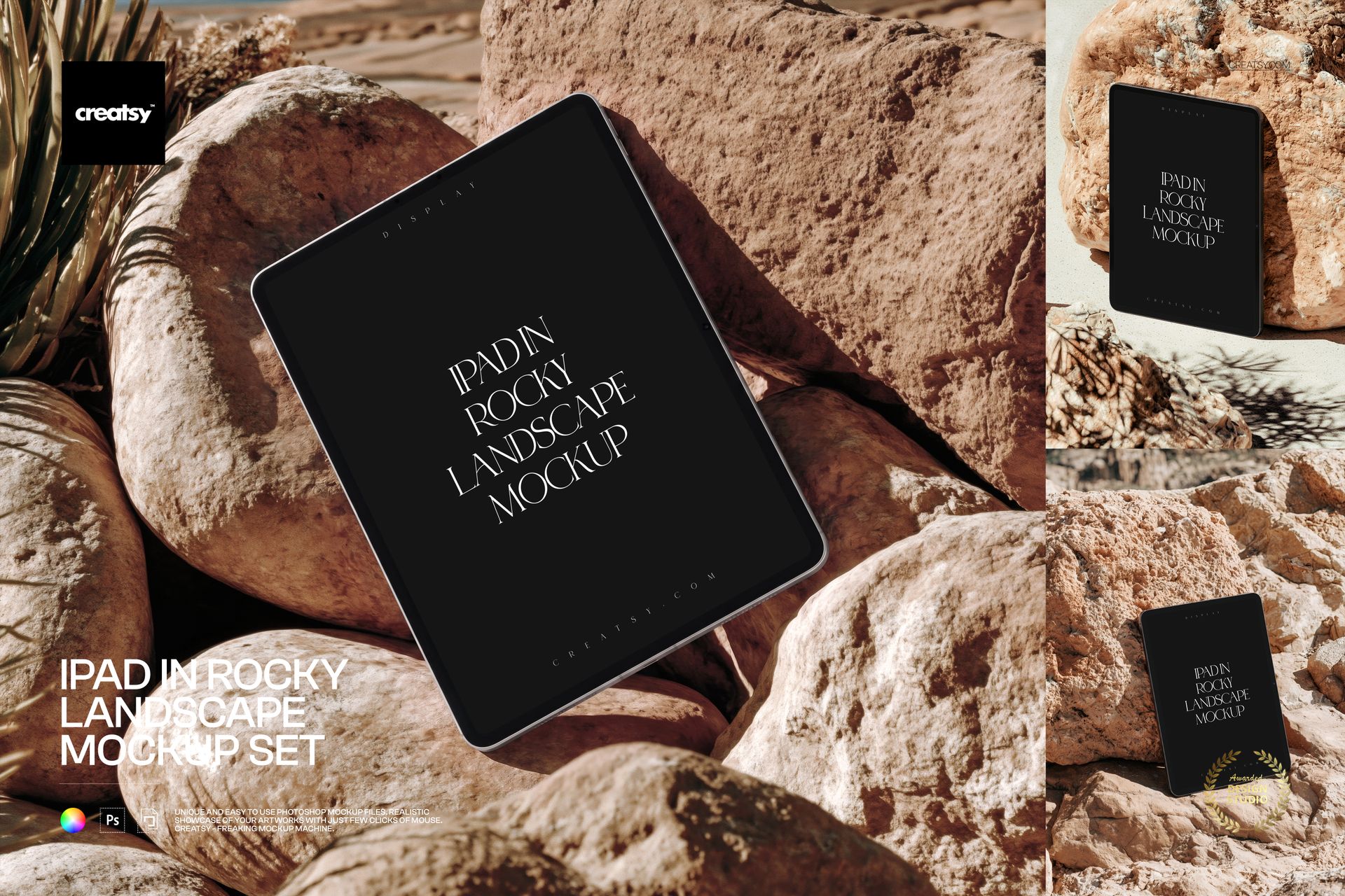 PSD mockup set featuring an iPad placed on rugged stone surfaces, with sunlight highlighting the rocky textures.