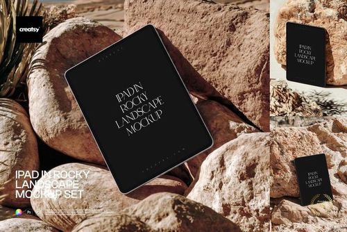 PSD mockup set featuring an iPad placed on rugged stone surfaces, with sunlight highlighting the rocky textures.